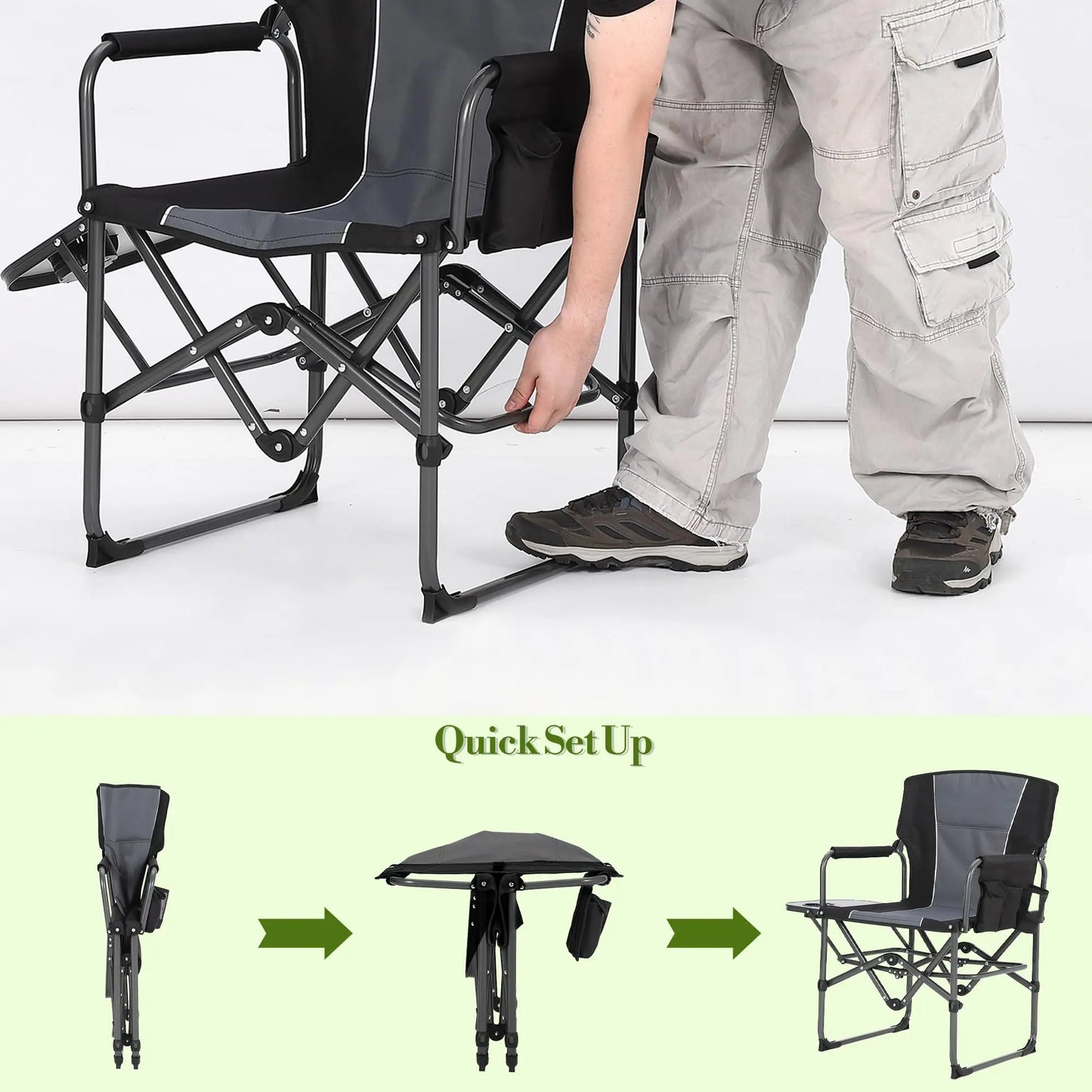 Oversized Folding Director Chair Heavy Duty 400LBS Portable Camping Chair With Side Table Pockets Outdoor Seat For Lawn Fishing