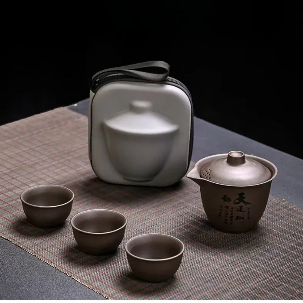 Ceramic Portable Travelling Tea Set Outdoor Camping Tea Set One Pot Three Cups Set