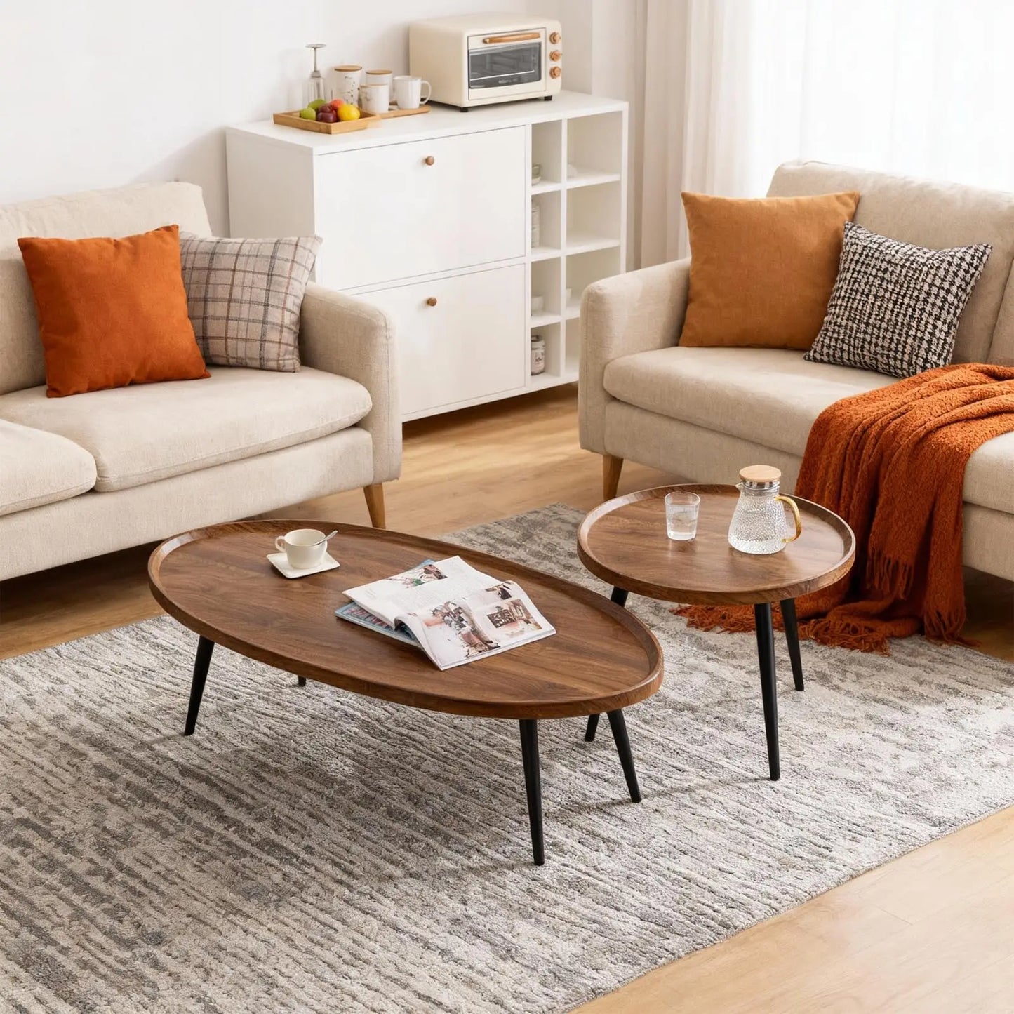 Nesting Coffee Table Set of 2 Mid Century Modern Walnut End Tables For Living Room Small Spaces Sofa Side Table