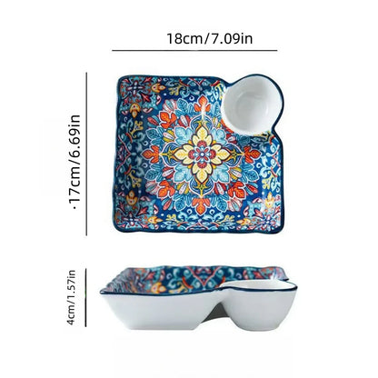 Bohemian dumpling plate with vinegar dish, household ceramic plate, segmented breakfast plate, high-end dumpling-specific plate