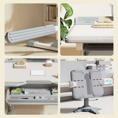 Functional Desk and Chair Set, Height Adjustable Study Desk with Tilt Desktop, Bookstand, Storage Drawer