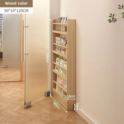 Solid wood bookshelf, floor standing wall mounted multi-layer storage rack, household bookshelf, thin bookshelf behind the door