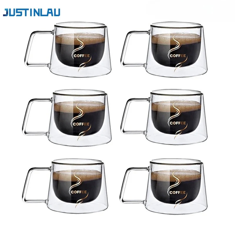 JUSTINLAU 200ML Espresso Cup Heat-resistant Double Wall Glass Coffee Mug with Handle Cappuccino Latte Breakfast Tea Water Cups