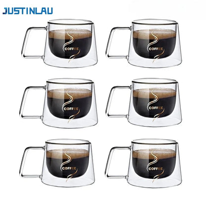 JUSTINLAU 200ML Espresso Cup Heat-resistant Double Wall Glass Coffee Mug with Handle Cappuccino Latte Breakfast Tea Water Cups