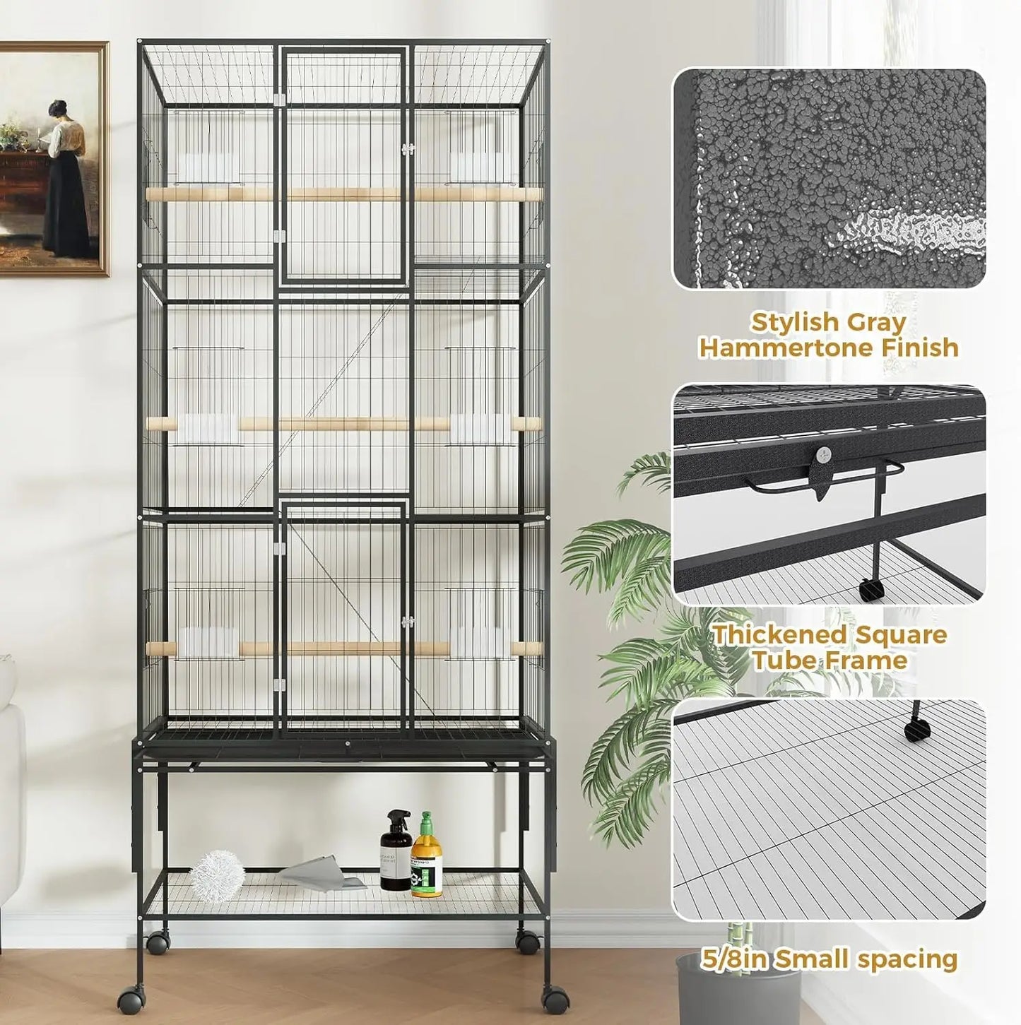 69-Inch Extra Large Rolling Bird Cage for Parrots and Cockatiels Flight Cage with Storage Shelf,Feed Bowls & Wood Perches