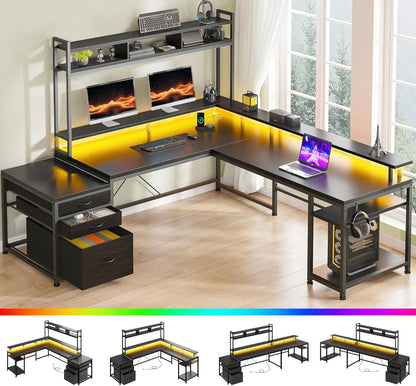64 x 60 Inches L Shaped Desk with Hutch and Drawers, Gaming Desk with Power Outlet & Monitor Stand & LED Lights,  Corner Desk