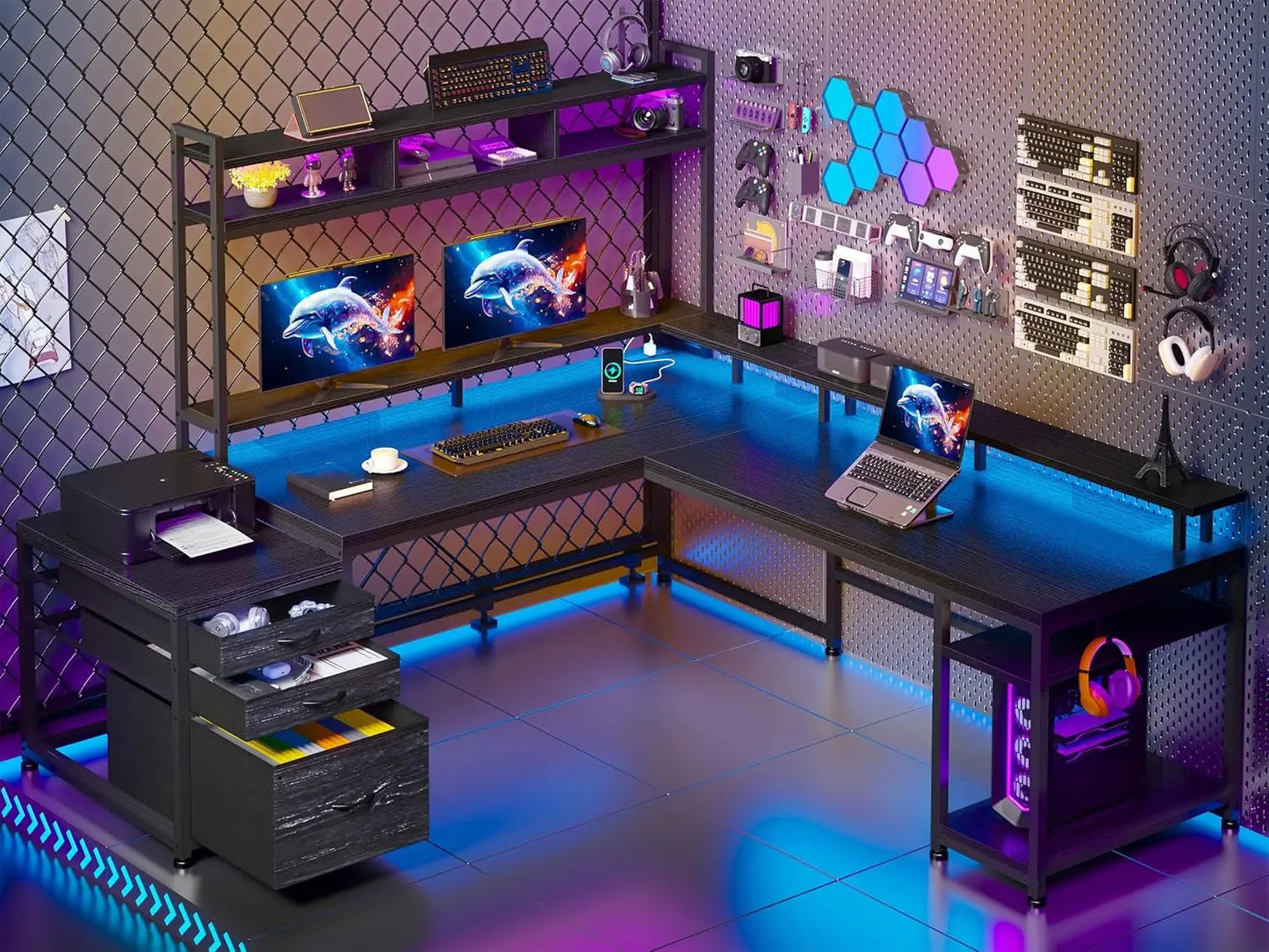 64 x 60 Inches L Shaped Desk with Hutch and Drawers, Gaming Desk with Power Outlet & Monitor Stand & LED Lights,  Corner Desk