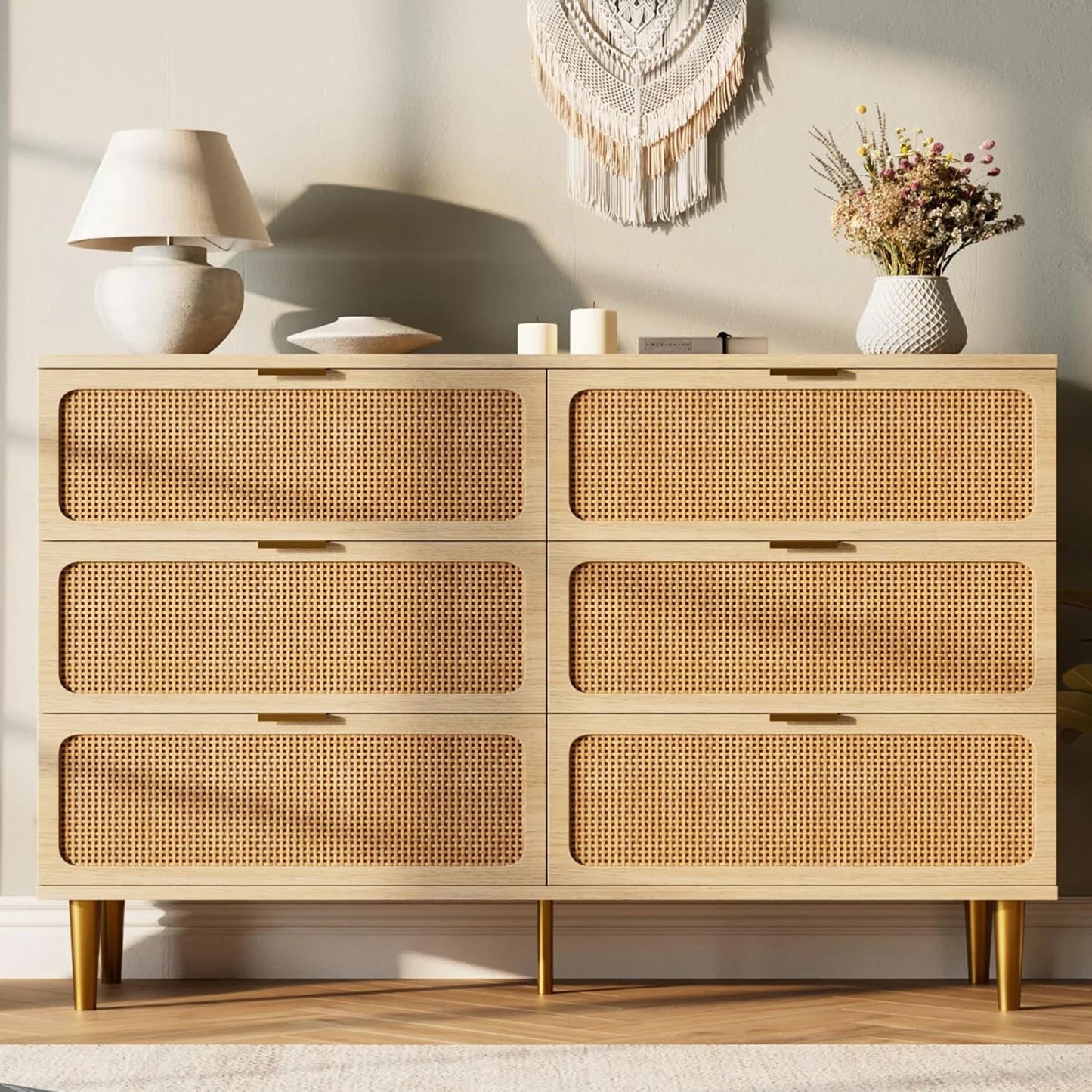 6-Drawer Rattan Dresser, Natural Hand-Woven Rattan & Wood Large Storage Dresser With Deep Drawers For Bedroom Living Room