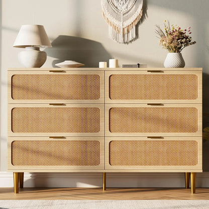 6-Drawer Rattan Dresser, Natural Hand-Woven Rattan & Wood Large Storage Dresser With Deep Drawers For Bedroom Living Room