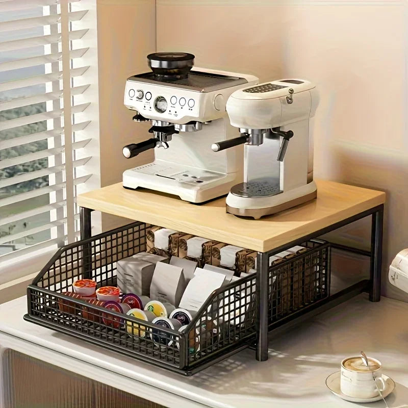 Space-Saving Kitchen Countertop Organizer with Drawer & Wire Basket - for Coffee Maker, Utensils, Spices