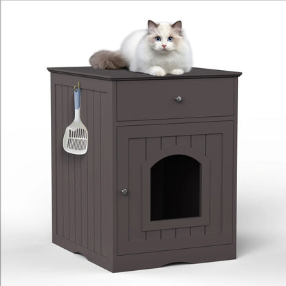 Wooden Cat Litter Box Enclosure with Drawer Pet House Indoor Cat Crate Nightstand Side Table Pet Furniture