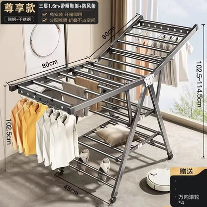 Folding clothes rack home movable balcony bedroom clothes rack clothes rod telescopic clothes rack