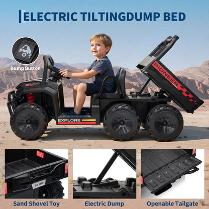 24V 4WD Electric Ride-on Dump Truck For Kids 2-Seater With Parental Remote Control 3 Speeds All-Terrain Off-Road Toy Car