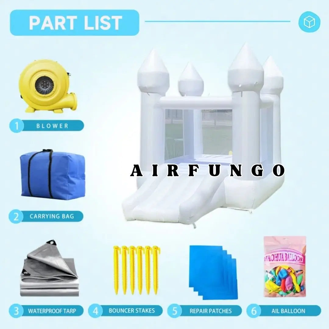 Toddlers Party 9x7x6ft Inflatable White Bounce House With Slide Oxford Bouncy Castle Include Blower (without tarp)