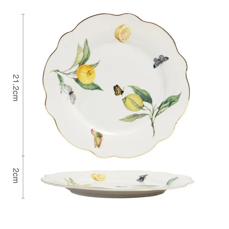 Europeanc Style Ceramic Dining Plate Elegant Lemon Pattern Dinner Steak Plate Coffee Cup Set Western Cuisine Dessert Plate