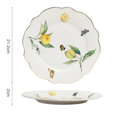 Europeanc Style Ceramic Dining Plate Elegant Lemon Pattern Dinner Steak Plate Coffee Cup Set Western Cuisine Dessert Plate