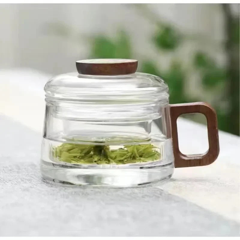 200ml Glass Tea Cup with Filter and Wooden Handle High Borosilicate Glass Teacup Home Office Tea Separation Mug Kung Fu Tea Set