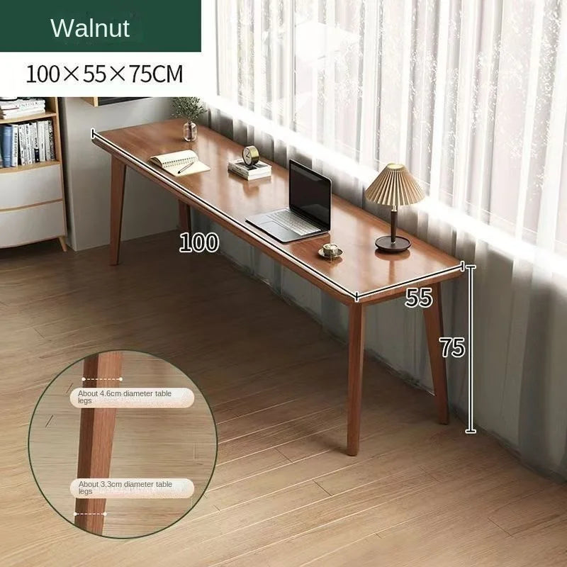 Double desk with solid wood legs, long and simple, for home use, near a window or wall, narrow table/workbench