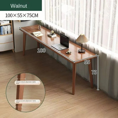 Double desk with solid wood legs, long and simple, for home use, near a window or wall, narrow table/workbench