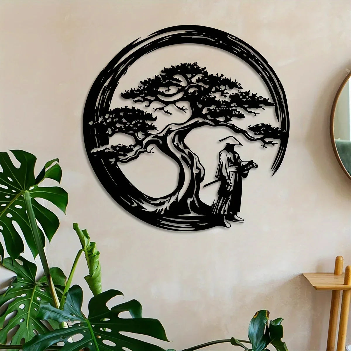 Japanese Bonsai Tree Metal Wall Art 15.7x15.7 Tori Gate Enso Cutout Creative Modern Home Accent Unique Housewarming Gift