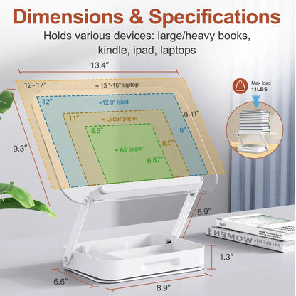 NEW Acrylic Book Stand with Storage for Reading Adjustable Book Holder with 360° Rotating Base Foldable Desktop Riser Stand