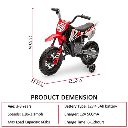 12V Electric Dirt Bike Kids Ride on Motorcycle for Toddlers with Traning Wheels Twist Grip Throttle 3Mph Max Speed and Music