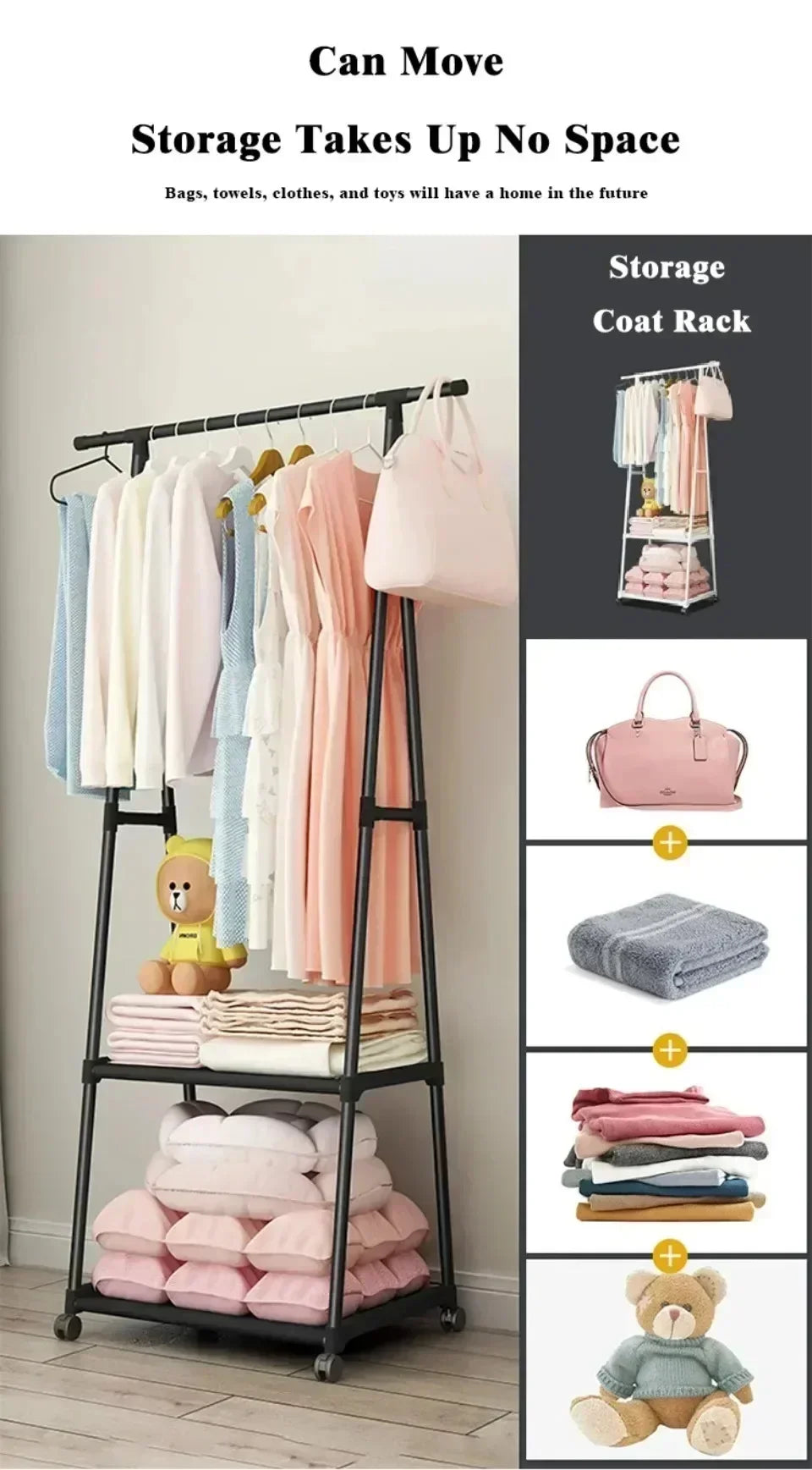 Multifunctional Storage Floor Standing Clothes Rack Simple Mobile Drying Rack Dormitory Space-saving Household Garment Organizer