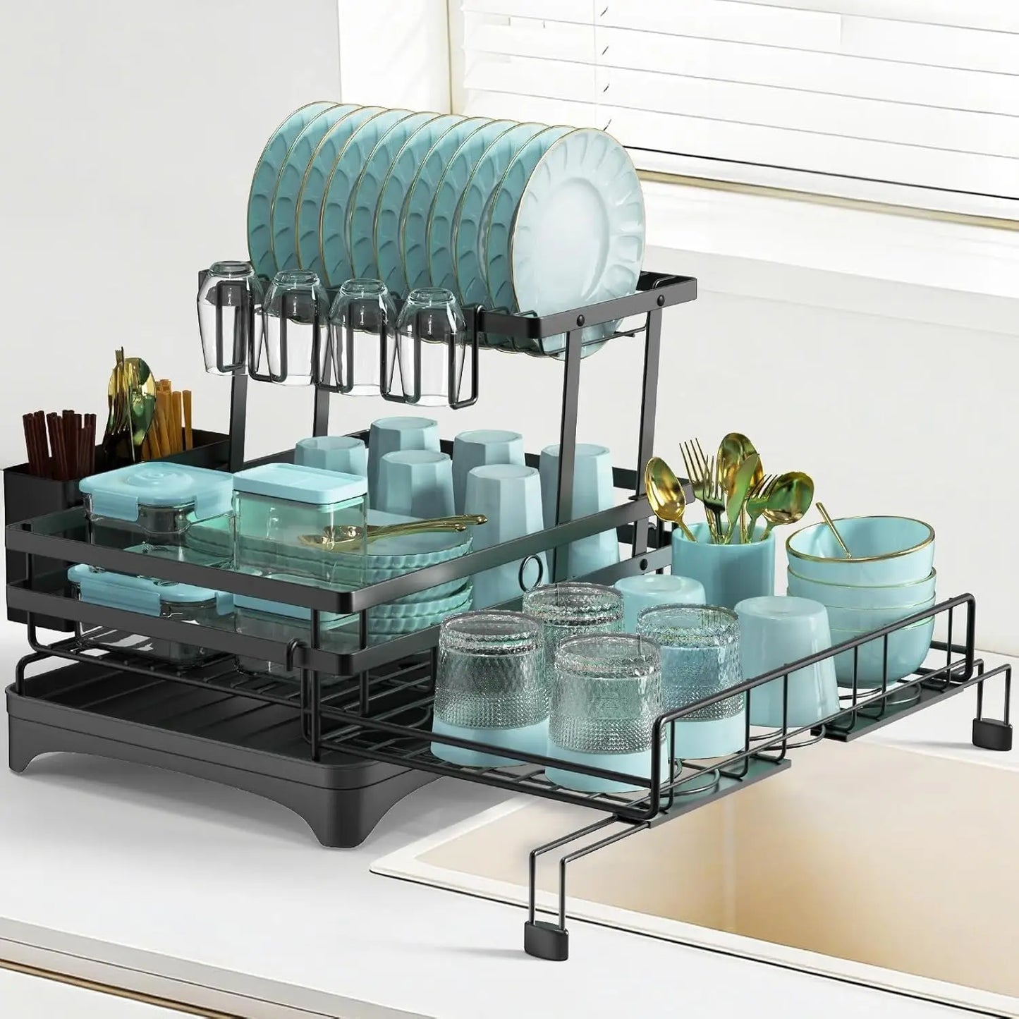 2 Tier Dish Drying Rack, Anti-Rust Large Dish Drainers for Kitchen Sink with Dish Drying Mat