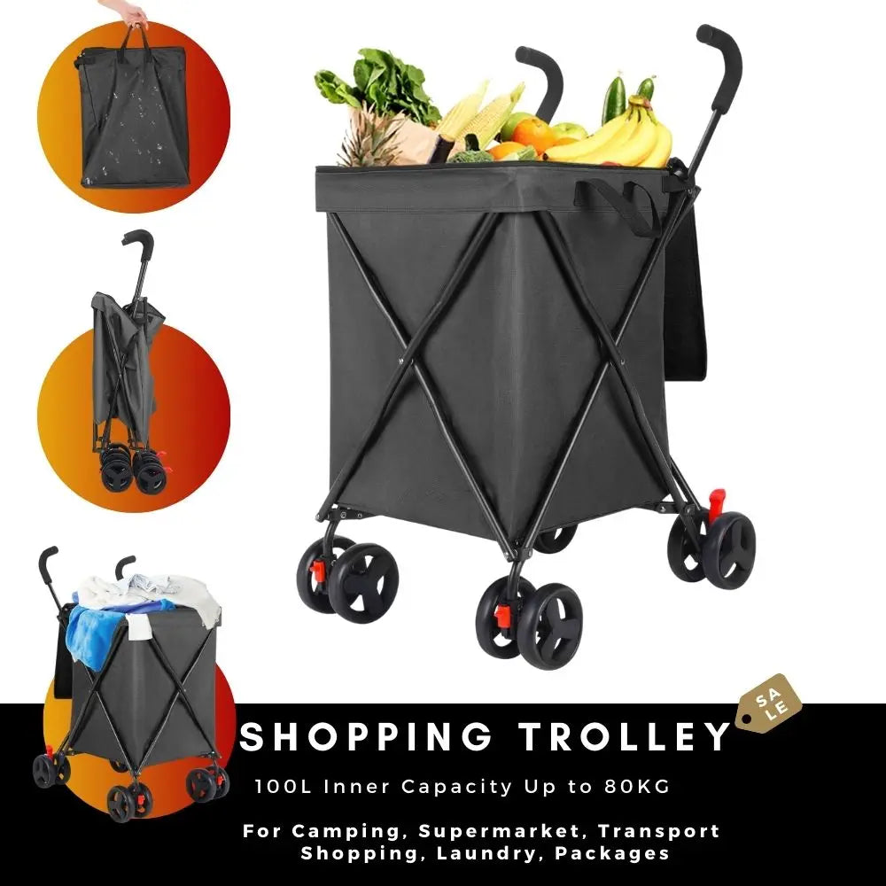 Foldable Shopping Cart, 100L Capacity, 80kg Load, Detachable Washable Bag, Compact Grocery Cart for Supermarket & Urban Use