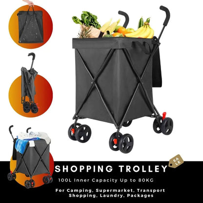 Foldable Shopping Cart, 100L Capacity, 80kg Load, Detachable Washable Bag, Compact Grocery Cart for Supermarket & Urban Use