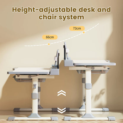 Functional Desk and Chair Set, Height Adjustable Study Desk with Tilt Desktop, Bookstand, Storage Drawer
