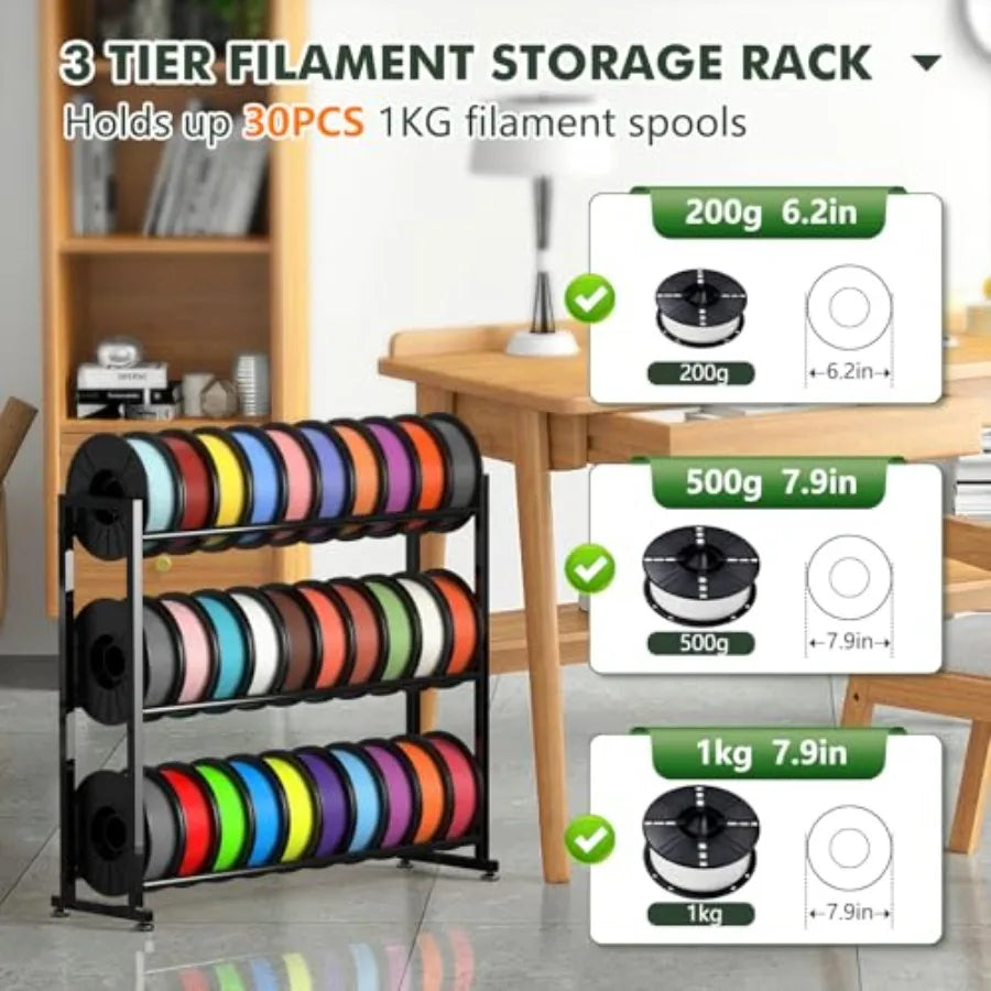 3-Tier 3D Filament Storage Rack - Heavy Duty 3d Printer Filament Rack for 30 Rolls Metal Spool Shelf for PLA ABS TPU Filament S