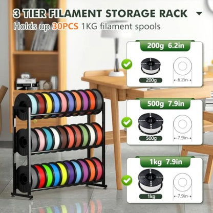 3-Tier 3D Filament Storage Rack - Heavy Duty 3d Printer Filament Rack for 30 Rolls Metal Spool Shelf for PLA ABS TPU Filament S