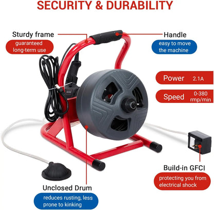 50Ft x 5/16 Inch Electric Drain Auger Cleaner Sewer Snake Machine Foot Switch with 6 Cutters,Glove for 3/4 to 3 Inch Pipes