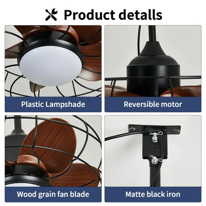 Industrial Style Ceiling Fan with Light and Remote Control Black Round Cage Outdoor Waterproof Fan with Hook for Patios Porch