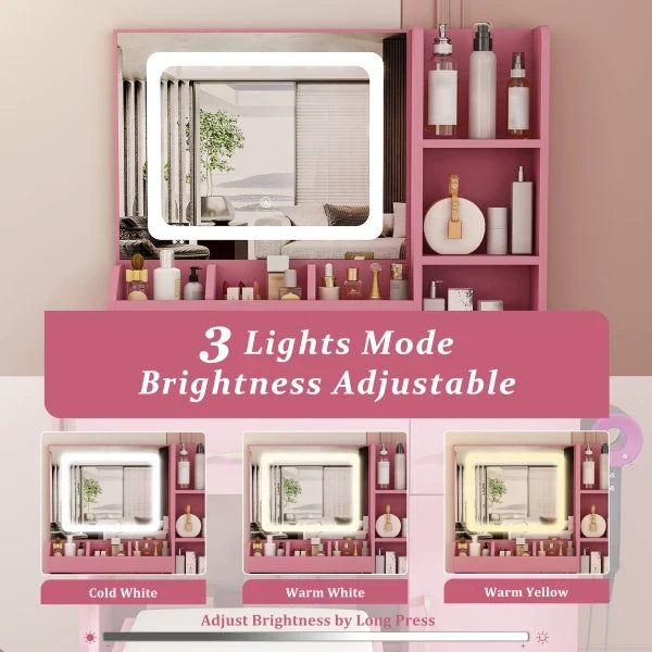 Vanity Desk with LED Mirror Lights and Power Outlet Charging Station, Makeup Dressing Table with 3