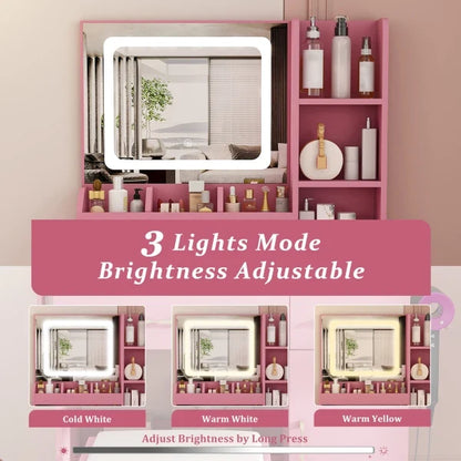 Vanity Desk with LED Mirror Lights and Power Outlet Charging Station, Makeup Dressing Table with 3