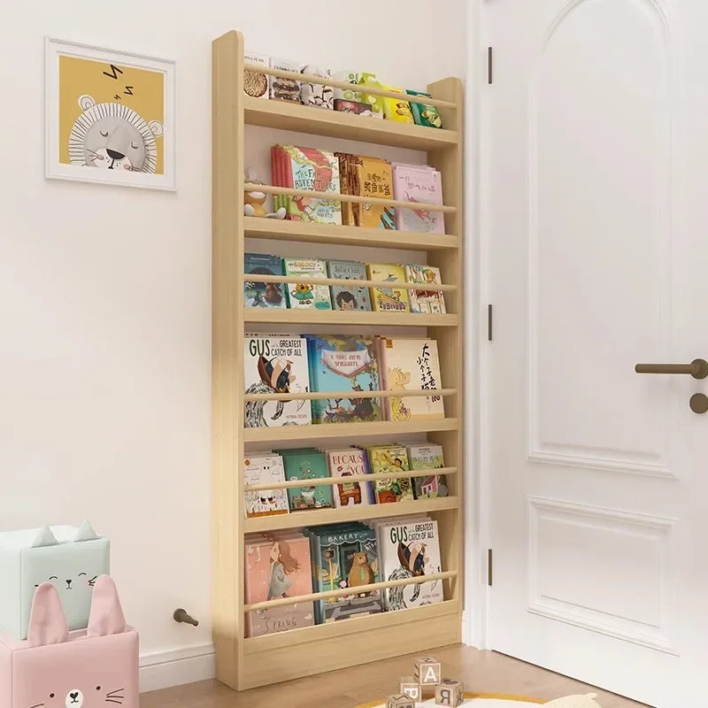 Solid wood bookshelf, floor standing wall mounted multi-layer storage rack, household bookshelf, thin bookshelf behind the door