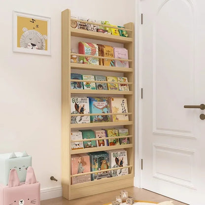 Solid wood bookshelf, floor standing wall mounted multi-layer storage rack, household bookshelf, thin bookshelf behind the door