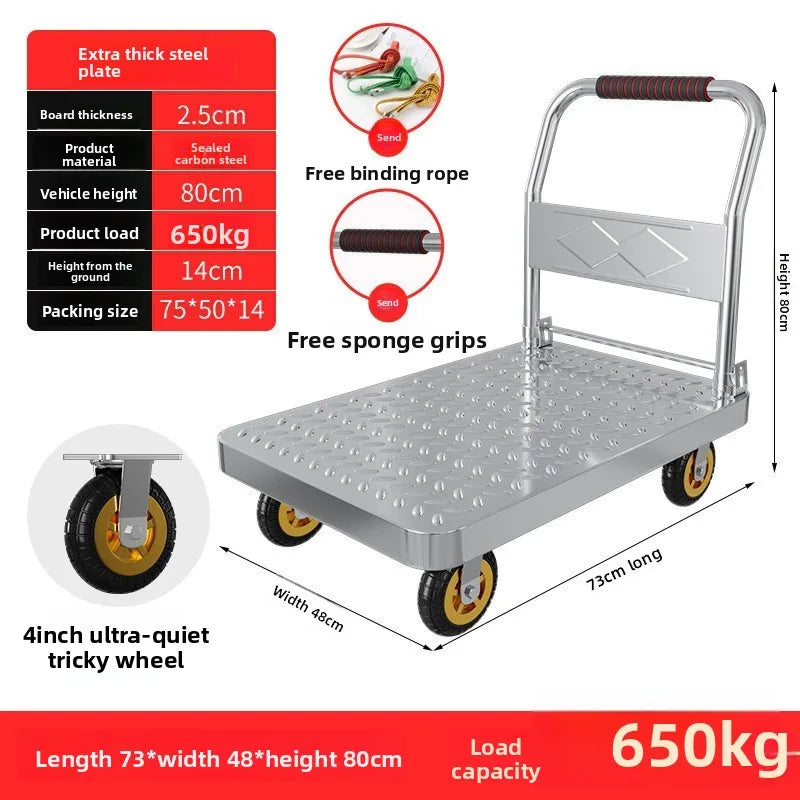 Steel plate pulling trolley trolley trolley handling thickened foldable portable silent trailer pulling flat truck
