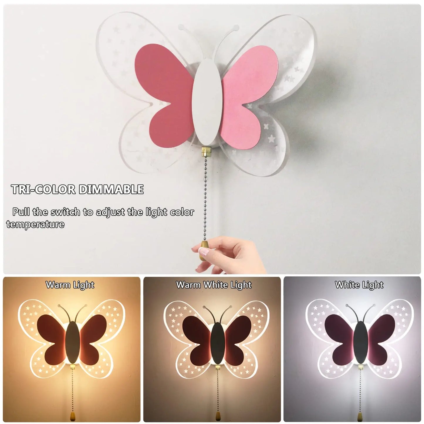 Creativity Butterfly Children's Room Wall Lamp Pink Pull Switch Wall Sconces Indoor Bedside Room Aisle Decorative Lights
