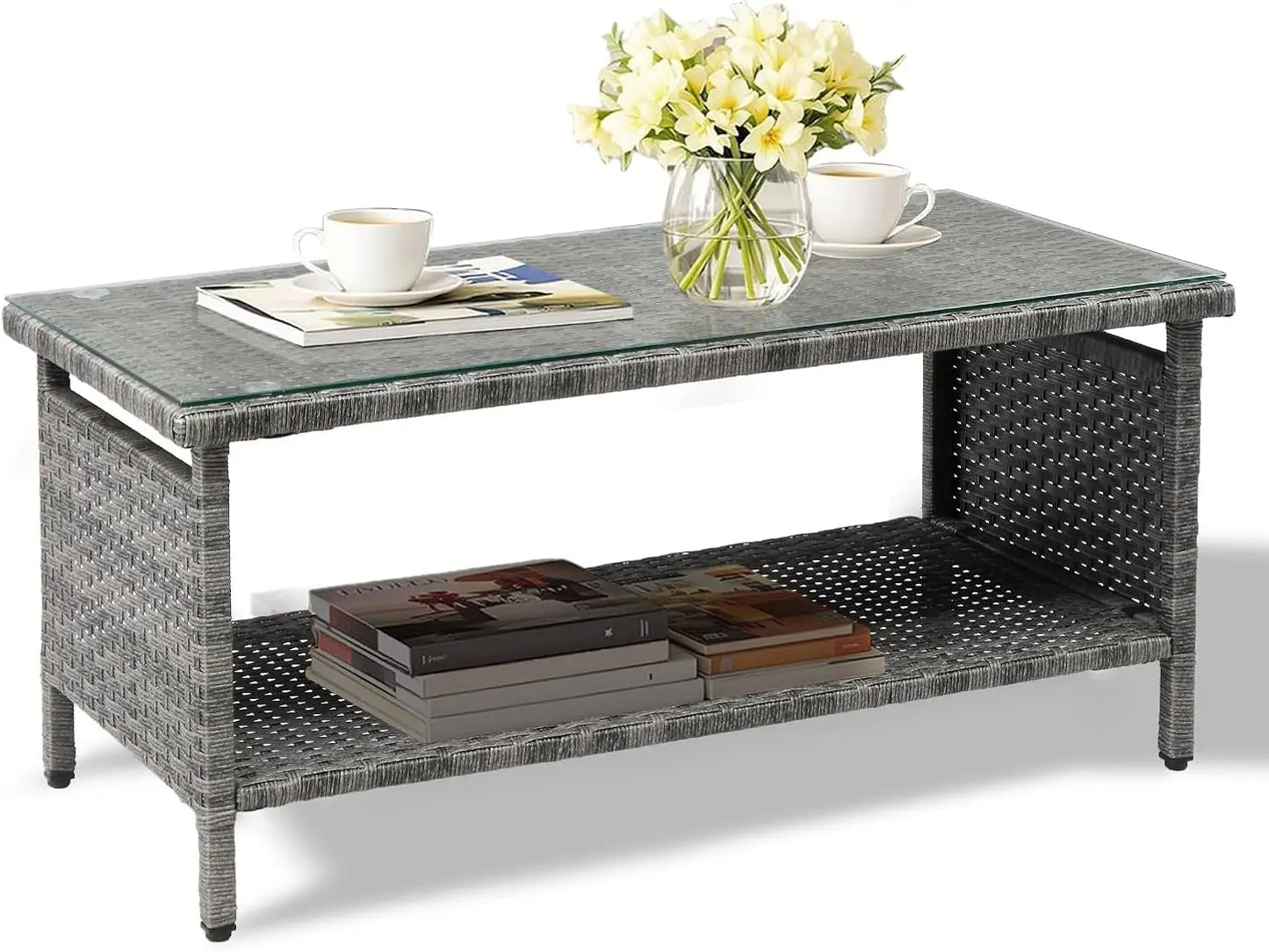 Outdoor Wicker CoffeeTable Patio Coffee Tables for Outside, Tempered Glass Top Wicker Table with Storage Coffee Table for Patio