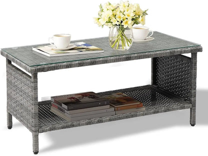 Outdoor Wicker CoffeeTable Patio Coffee Tables for Outside, Tempered Glass Top Wicker Table with Storage Coffee Table for Patio