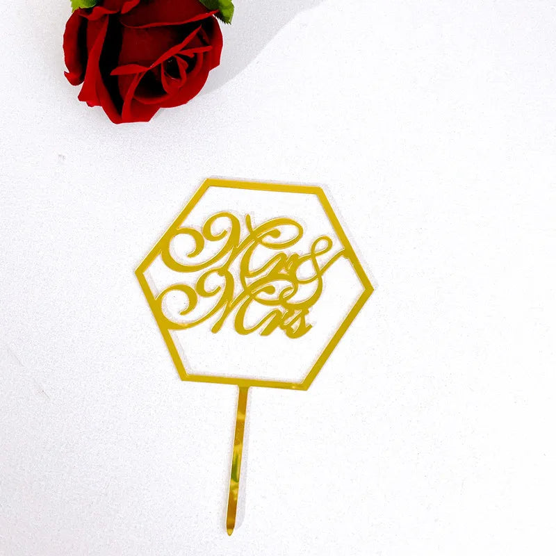 New MR&MRS Happy Wedding Cake Topper Gold Black Acrylic Ring Groom Bride Cake Topper Wedding Engagement Party Dessert Decoration