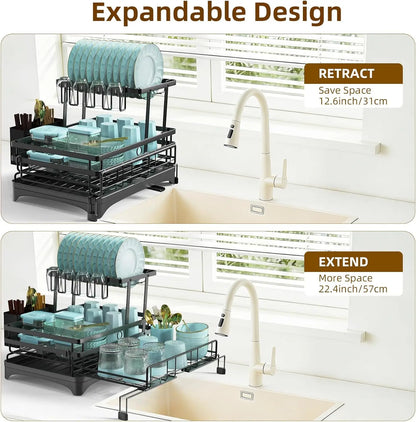 2 Tier Dish Drying Rack, Anti-Rust Large Dish Drainers for Kitchen Sink with Dish Drying Mat