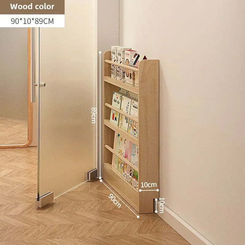 Solid wood bookshelf, floor standing wall mounted multi-layer storage rack, household bookshelf, thin bookshelf behind the door