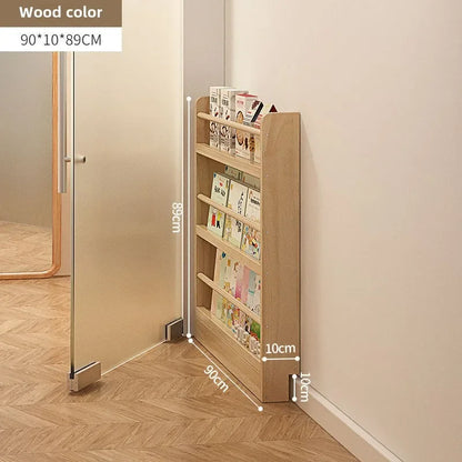 Solid wood bookshelf, floor standing wall mounted multi-layer storage rack, household bookshelf, thin bookshelf behind the door