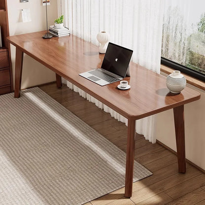 Double desk with solid wood legs, long and simple, for home use, near a window or wall, narrow table/workbench