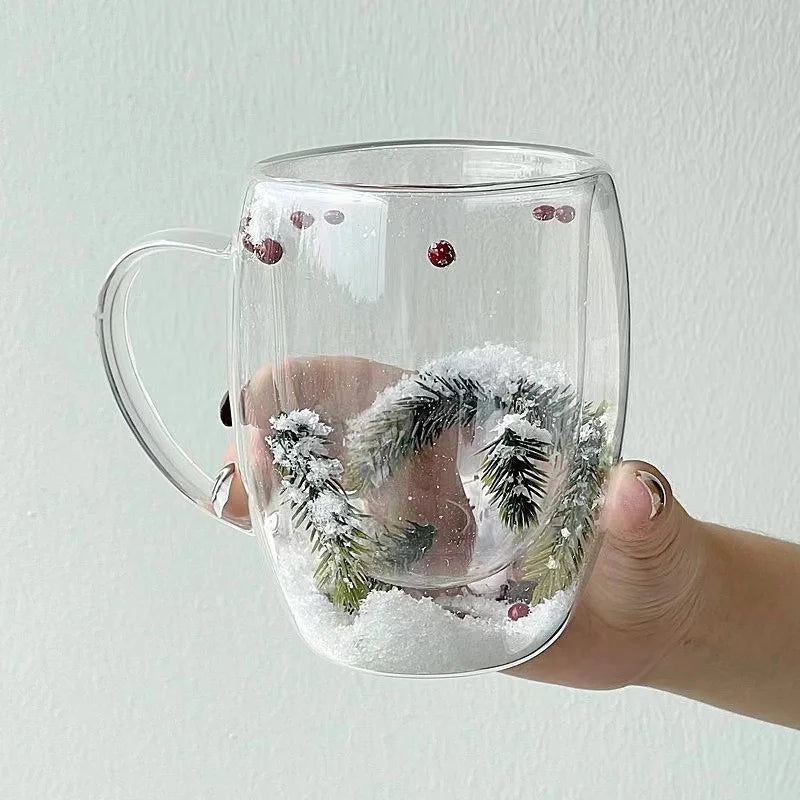 200/350ML Christmas Mug Double Wall Glass Cup Snow Scene Coffee Cup Heat Resistant Juice Milk Glass Water Cup ‌Christmas Gift