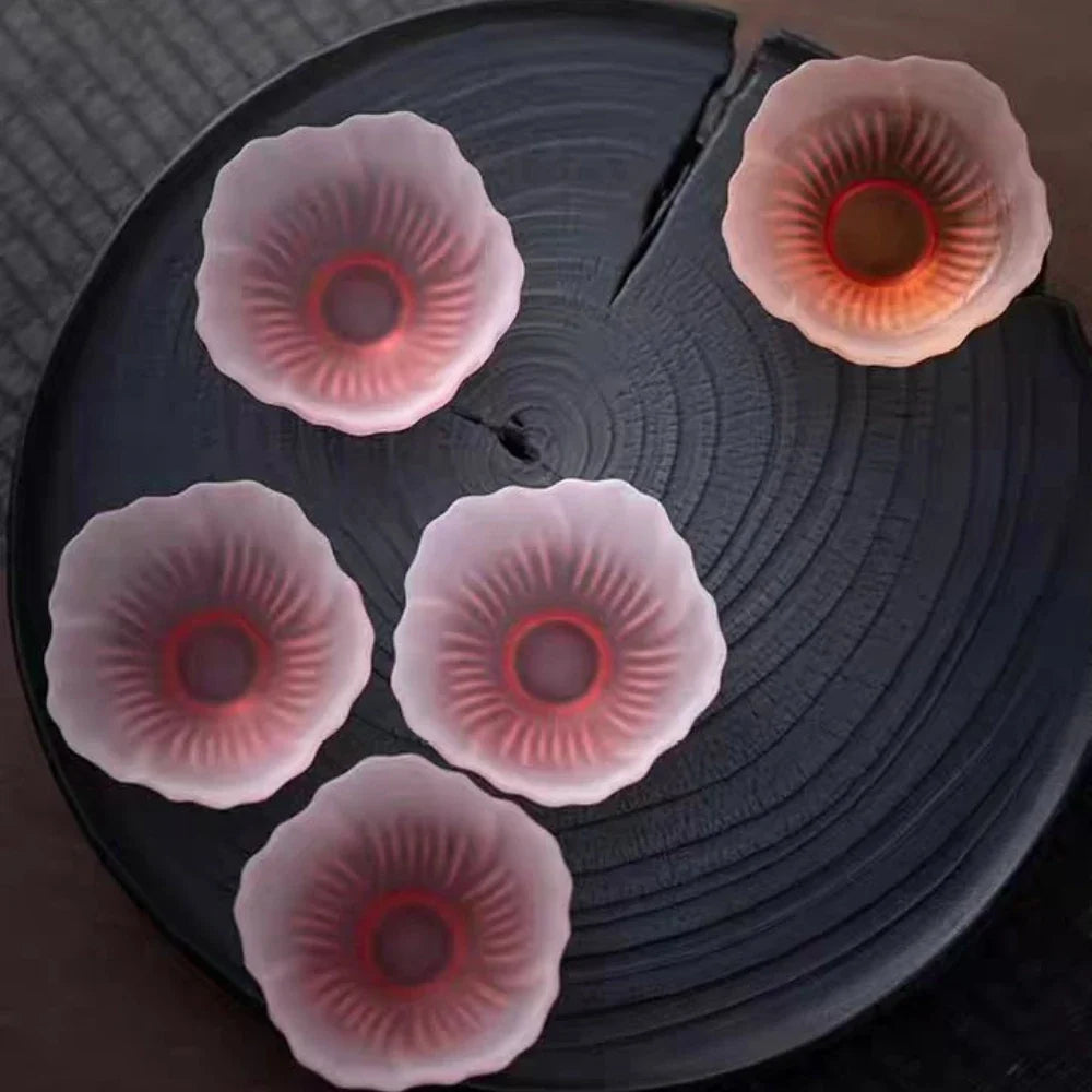 4 Pieces Glazed Glass Frosted Pink Sakura Japanese Teacup, Pink Glazed Lady, Household Flower Teacup, Tea Cup, Petal  Cup